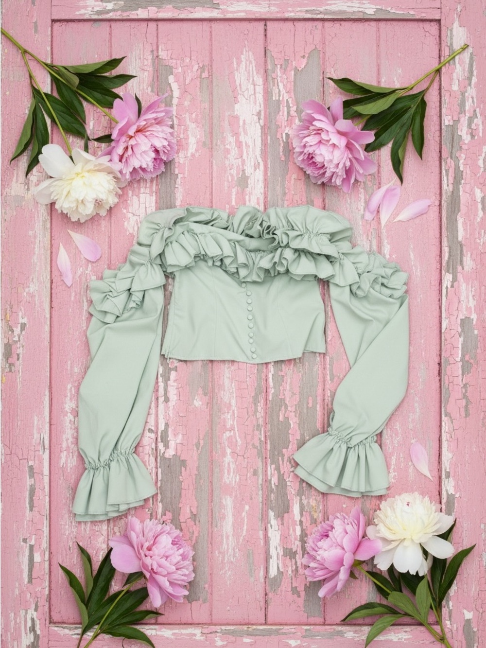 PrettyLittleThing Mint Green bare shoulder Ruffled Top
